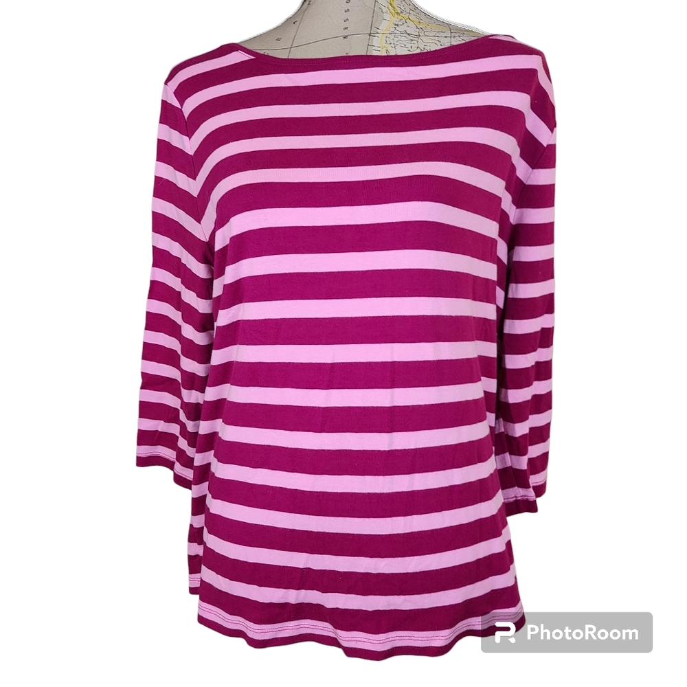 Talbots Size 2X Casual Pink Stripe Nautical Boatneck Cotton Blouse Coastal Chic - Picture 2 of 10